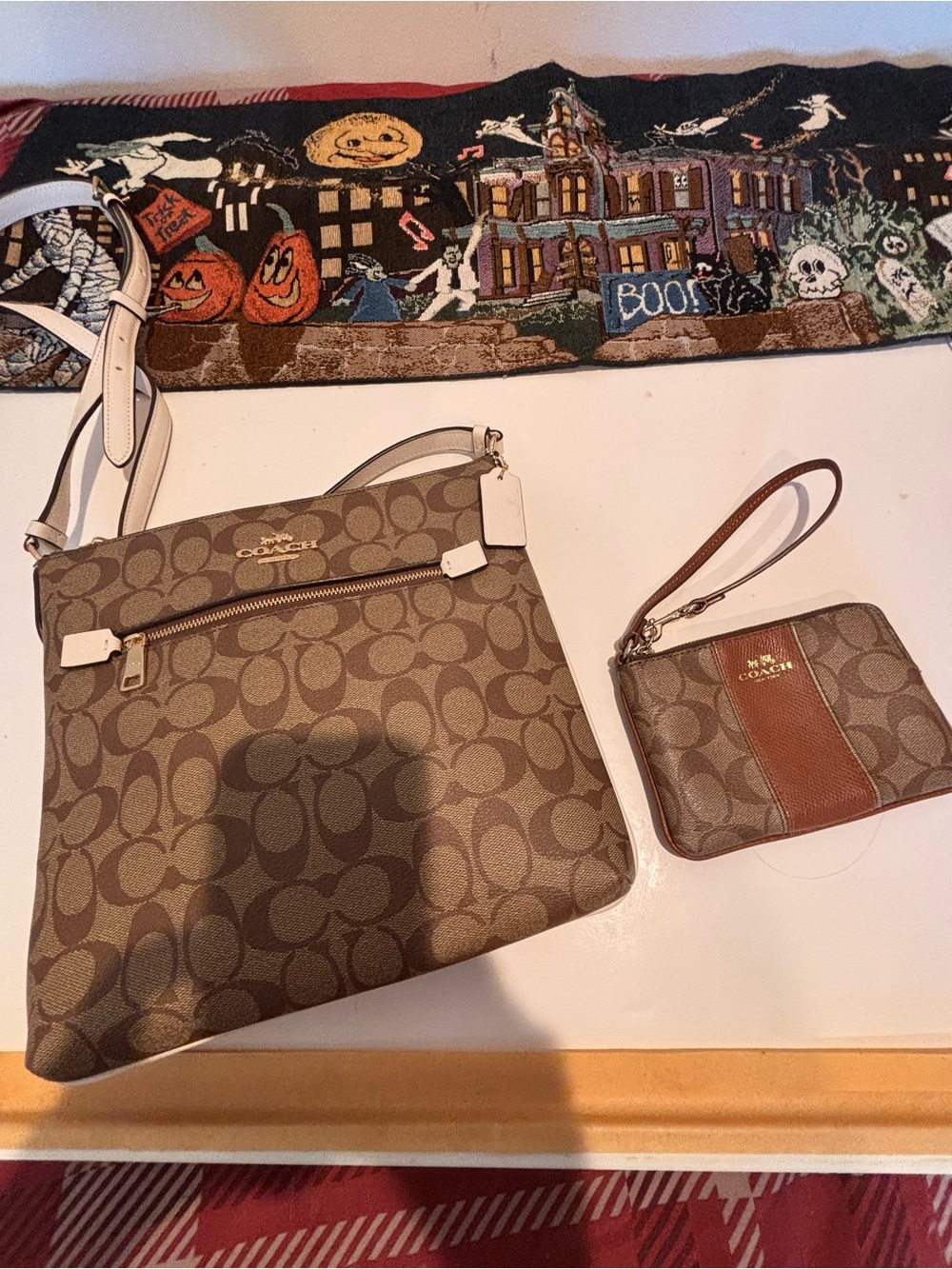 Coach Brown Signature Crossbody and Wristlet Set with Cream Strap Accents